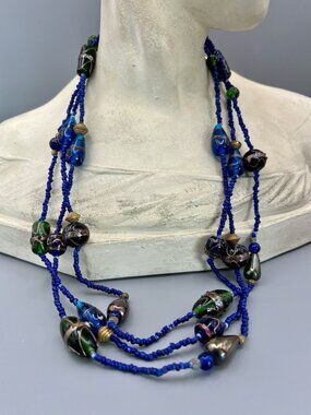 Antique Vintage Triple Strand Blue Green Venetian Glass Bead Necklace 25"